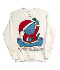 Vintage 90s Cartoon Christmas Cat Crewneck Sweatshirt Mistletoe Tester Humor