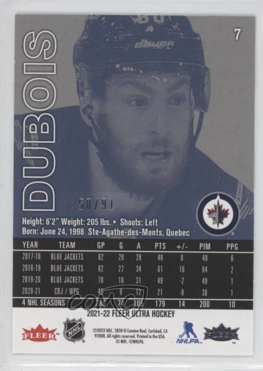 2021-22 Upper Deck Fleer Ultra Red Foil /91 Pierre-Luc Dubois #7 - Image 2 of 2