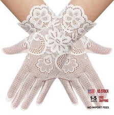 Women's Short Lace Floral Gloves Sheer Mesh Tulle Wrist Length Wedding Ivory 03