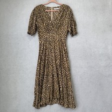 Faithfull The Brand Dress Womens 8 Brown Leopard Puff Sleeve Midi Fit Flare