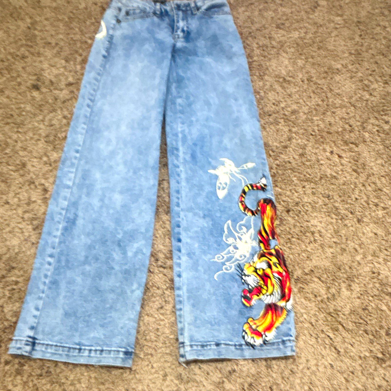 Ed Hardy Women’s Low Rise Bootcut Blue Denim Jeans Tiger Graphic Stretch