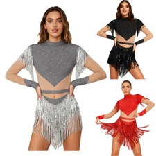 US Womens Sequin Tassel Bodysuit Ballet Dance Leotard Gymnastic Dance Bodysuit