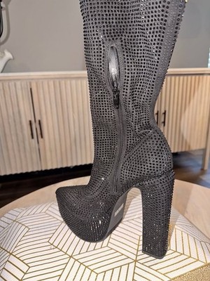Black Rhinestone Mesh Over Knee Platform Boots Chunky Heel Sparkle Size 8.5