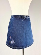 Vintage y2k Girly Blue Denim Embroidered Floral Skort XS Small 25" waist