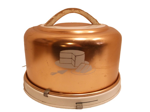 VINTAGE MIRRO Round Cake Carrier Copper pink finish, locking lid & wood handle