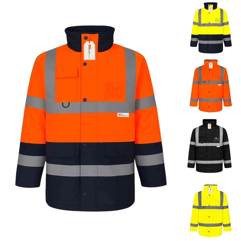 GM WORKWEAR Hi Vis Parka Jacket Waterproof Thermal Fleece Lined Reflective Winter Work Coat