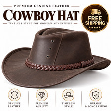 Genuine Leather Cowboy Hat Brown Western Cowhide Pattern Wide Brim Unisex