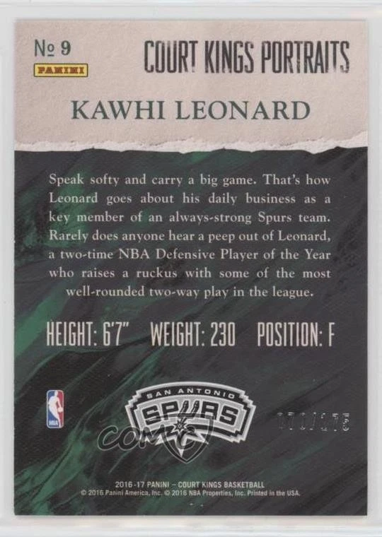 2016-17 Panini Court Kings Portraits /175 Kawhi Leonard #9 - Image 2 of 2