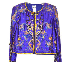 Vtg Leslie Fay Evening Jacket Beads Sequins 100 Silk Purple Women's L Beautiful