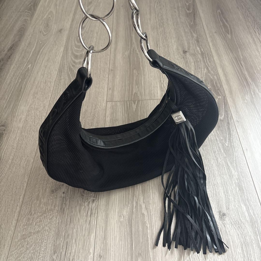 CHANEL Black Fringe Shoulder Bag with Gold Chain Strap #PF9AIJ