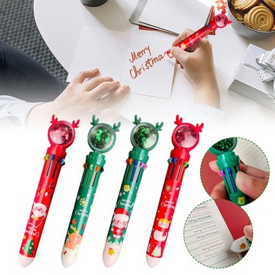 10 In 1 Multicolor Christmas Pens Retractable Ballpoint Pen Drawing & Writing OY