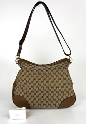 Gucci Auth Brown Canvas Bree Hobo Bag Leather Trim Shoulder Strap Tote Runway