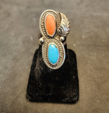 Sterling Silver Turquoise Coral Ring Southwestern Navajo Style Size 5
