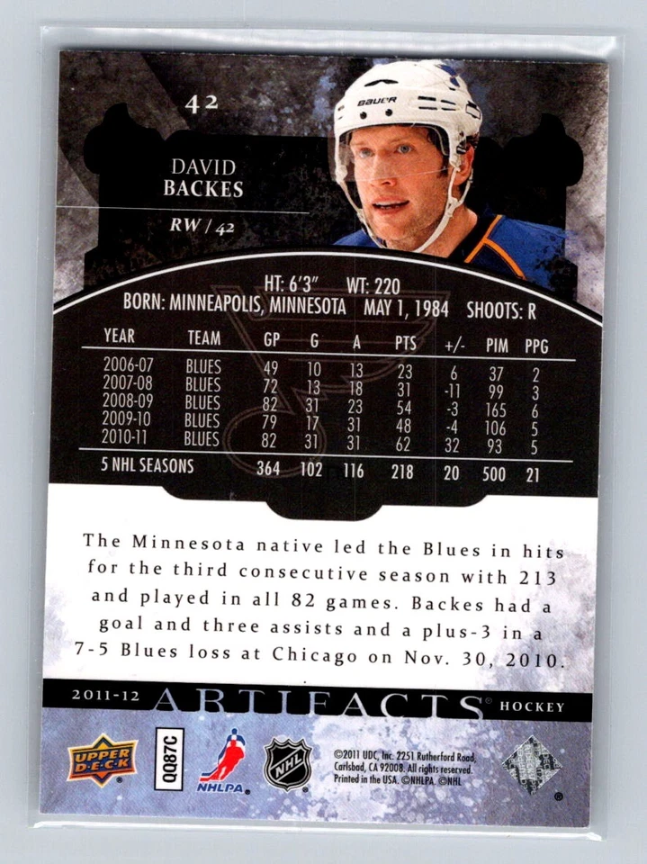 2011-12 Upper Deck Artifacts #42 David Backes St. Louis Blues - Image 2 of 2