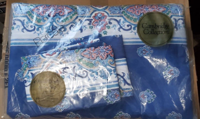 Cambridge Collection Percale Full Sheet Set Blue Flower FLAT, FITTED  2 CASES A6