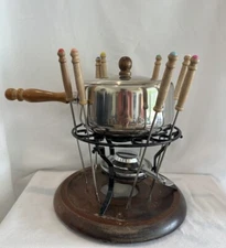 Vintage MCM Fondue Set With Wood Base And Handle With 8 Fondue Forks