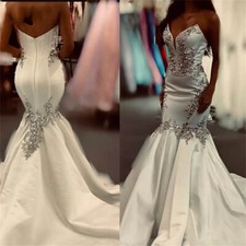 Sexy Satin Mermaid Wedding Dresses Beaded Strapless V Neck Backless Bridal Gowns