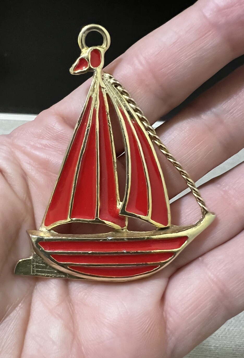 Vintage Nautical Sail Boat Pendant Red Enamel Gold Tone Costal Cottagecore
