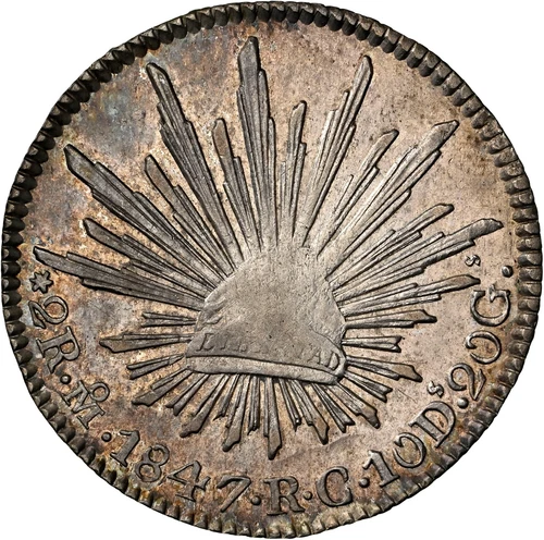 Mexico Silver 2 Reales 1847 Mo-RC NGC AU58 Near Mint State, Nicely Toned Minor!