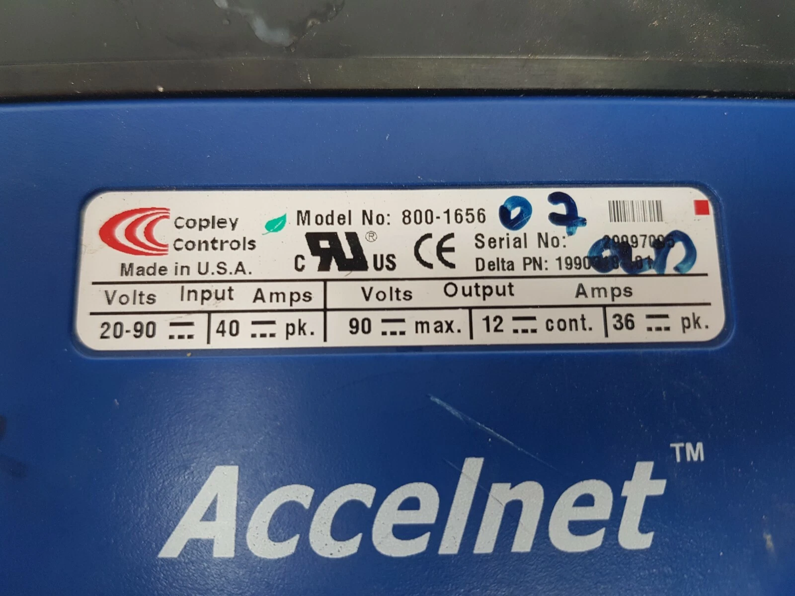 Accelnet 800-1656 nameplate: input 20–90 VDC 40 A peak, output 90 VDC max, 12 A continuous, 36 A peak