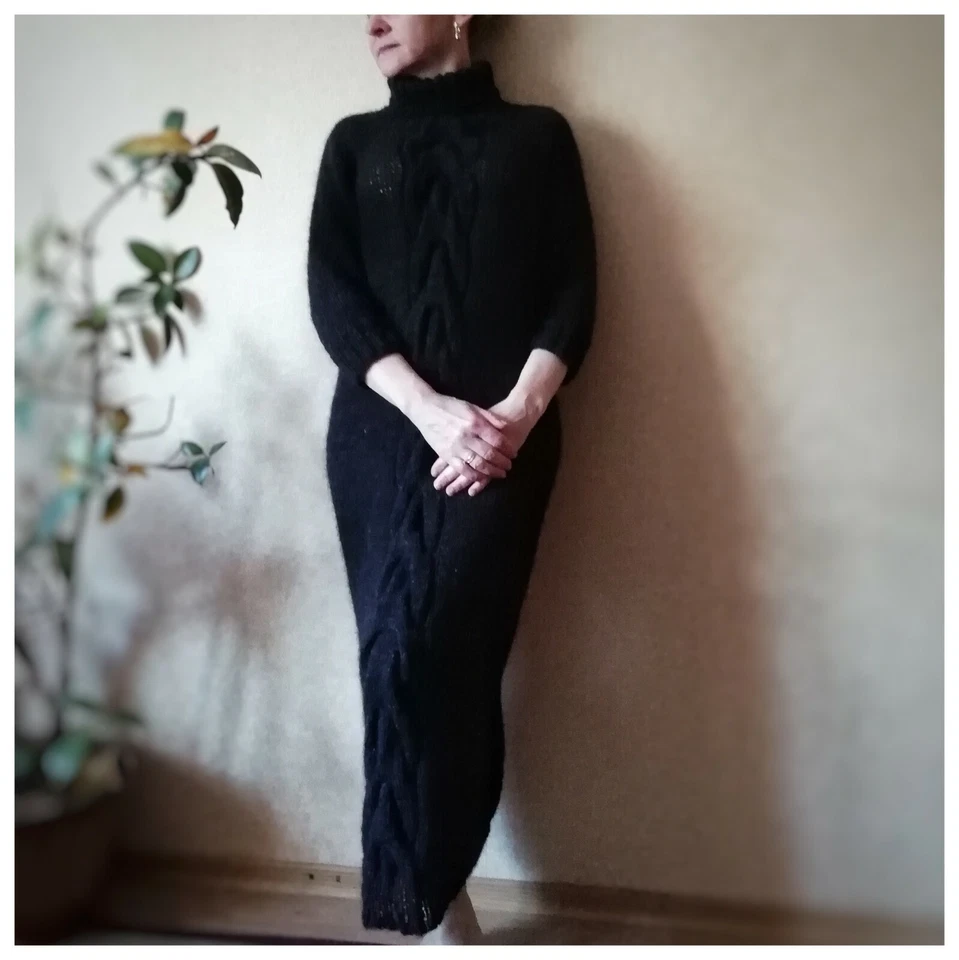 Mohair Women Knitted Dress Turtleneck Long Sweater Tunic Handmade Warm Boho Robe - Image 4 of 4