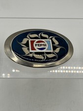 Vintage Pepsi Logo Silver Tone Oval Belt Buckle Blue Cream Swirl Chrome 4