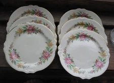 Lot of 6 Homer Laughlin 7" Dessert Plates Scalloped Gold Trim Floral Rose SO17