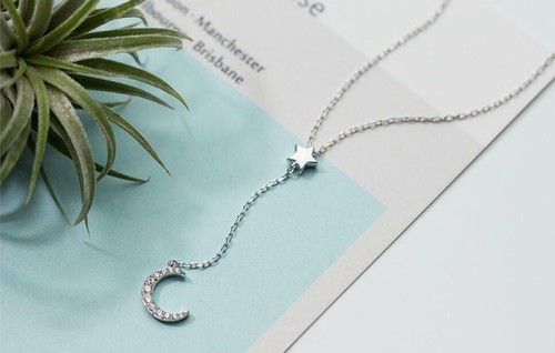 Pave Cubic Zirconia Silver SP Moon Star Tassel Pendant Choker Necklace - Picture 3 of 3