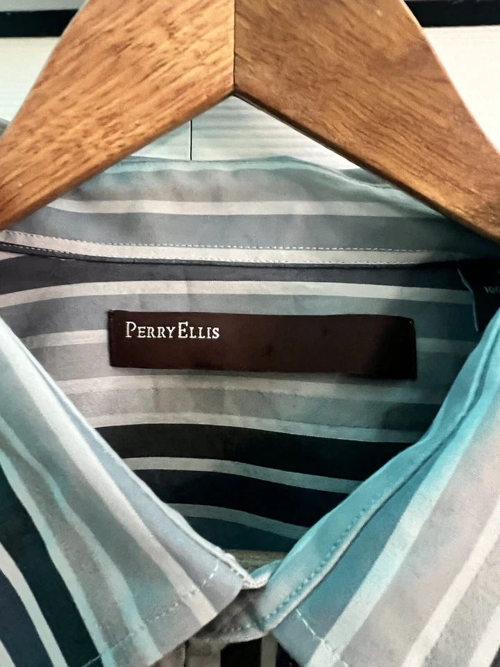 Perry Ellis 100% Cotton Men Button Down Shirt XXL Gray Stripe Long Sleeve - Image 3 of 4