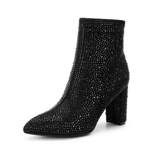Women Pointed Toe Short Boots Chunky Heel Ankle Booties Sparkling for Weeding - Picture 16 of 16