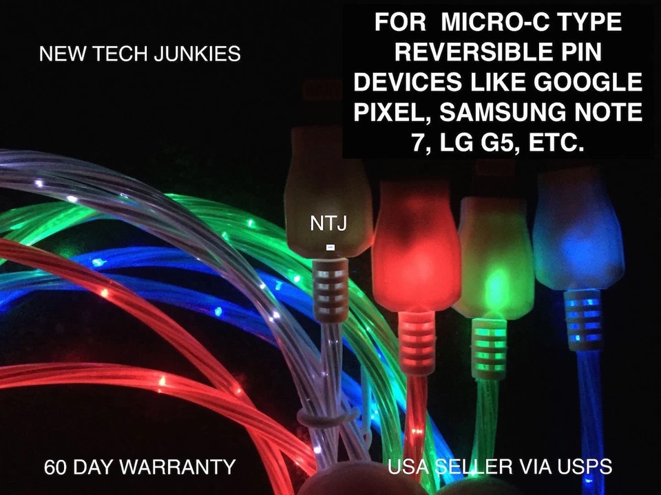MICRO TIPO C FLUJO INTERMITENTE REVERSIBLE LUZ LED USB cargador cable sincronización de datos Foto 4 de 4