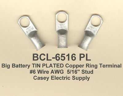 10 TIN PLATED Big Battery Copper Ring Lug Terminal Connector #6 Wire Gauge 5/16''