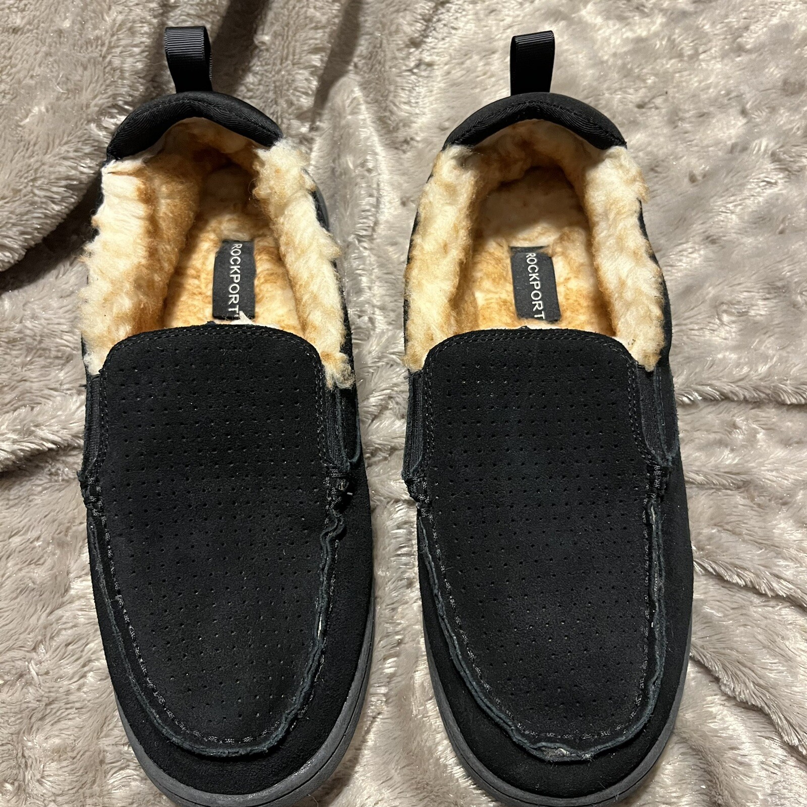 Rockport Slippers 25635 Black Leather Indoor Outdoor Faux Fur Mens Size