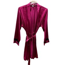 L Delicates Satin Purple Black Maroon Burgundy Floral Kimono Robe Tie Belt Lace