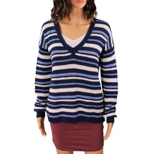 United Colors of Benetton Navy Stripe V Neck Knit Sweater NWT Women M