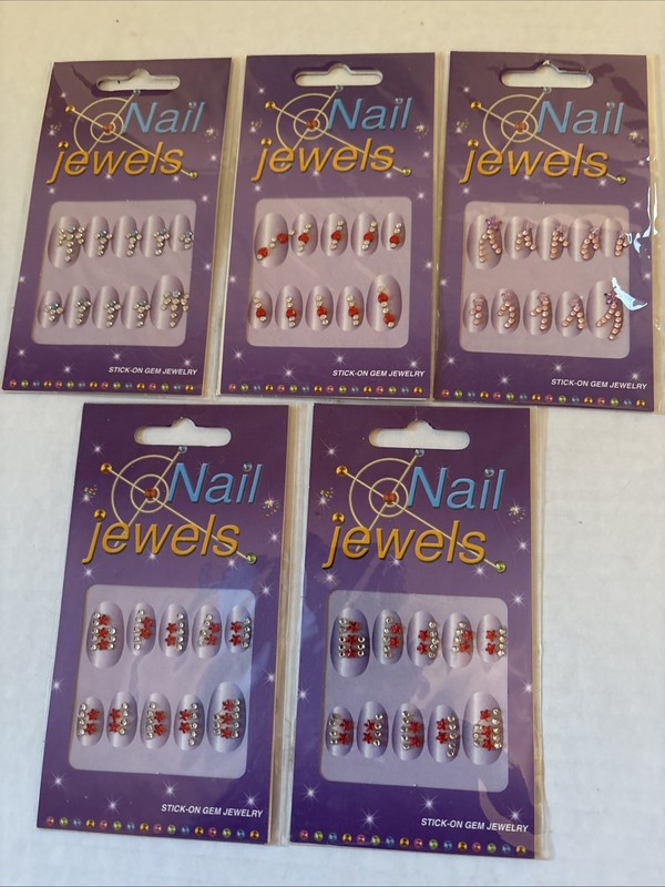 Nail Jewels 5 Packs Press On, Red/White, Lavender, Blue/white