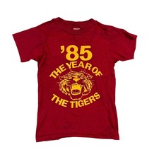 Vintage 1985 Hanes Fifty-Fifty Tigers T Shirt Red Yellow Graphic Kids M 10-12
