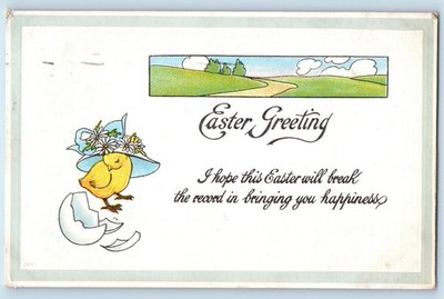 c1910's Easter Greetings Little Chick With Hat Flowers Hatched Egg Postcard