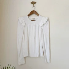 Nation Smocked Ruffle Long Sleeve Top Slub Knit Medium Cream