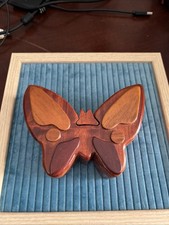 Vintage Mid Century 6  Hand Carved Wooden Puzzle Box Butterfly Trinket Decor