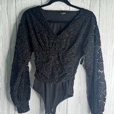 Express Black Lace Thong Deep V Bodysuit Bounce Sleeves Size XS Whimsey Fairy