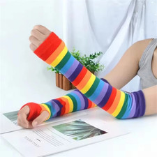 Knitted Long Fingerless Gloves Striped Arm Warmers Emo Gothic Winter Mittens UK