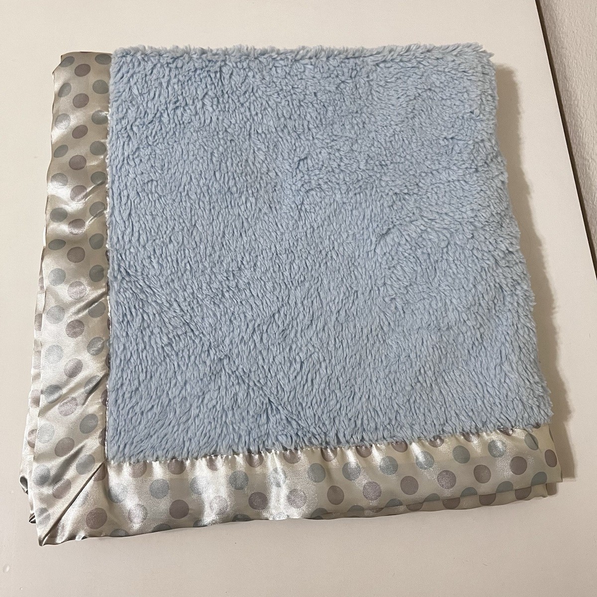 Kyle and Deena Baby Blanket Blue Cream Satin Trim Polka Dots Lovey