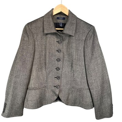 Chaps Women's Gray Wool Blend Blazer Jacket Career Business Herringbone Size L