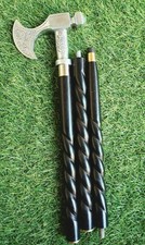 Silver Finish Axe Head Handle Vintage Spiral Black 37" Wooden Walking Stick Cane
