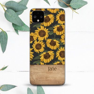 Custom Name Sunflowers Wood Case For Google Pixel 2 3 3a 4 4a 5 6 7 8 XL