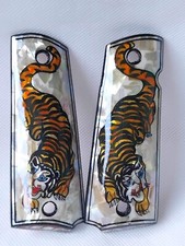 Handcraft pistol grip for 1911 Hand made tiger WOOD inlaid pearl Gun mount TH.