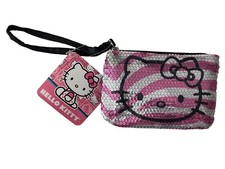 NEW Hello Kitty Pink White Stripe Sequin Coin Purse Makeup Bag Pouch Wrist Strap