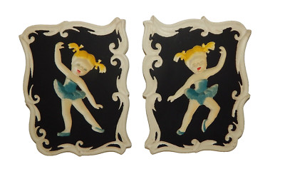 Pair Vintage 1955 Richter Chalkware Ballerina Girl Plaques Wall Hangings