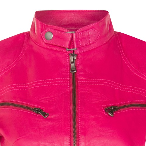 Femmes Cuir Veste Classique Motard Rose Véritable Cuir Femmes Slim Fit Veste - Picture 4 of 5